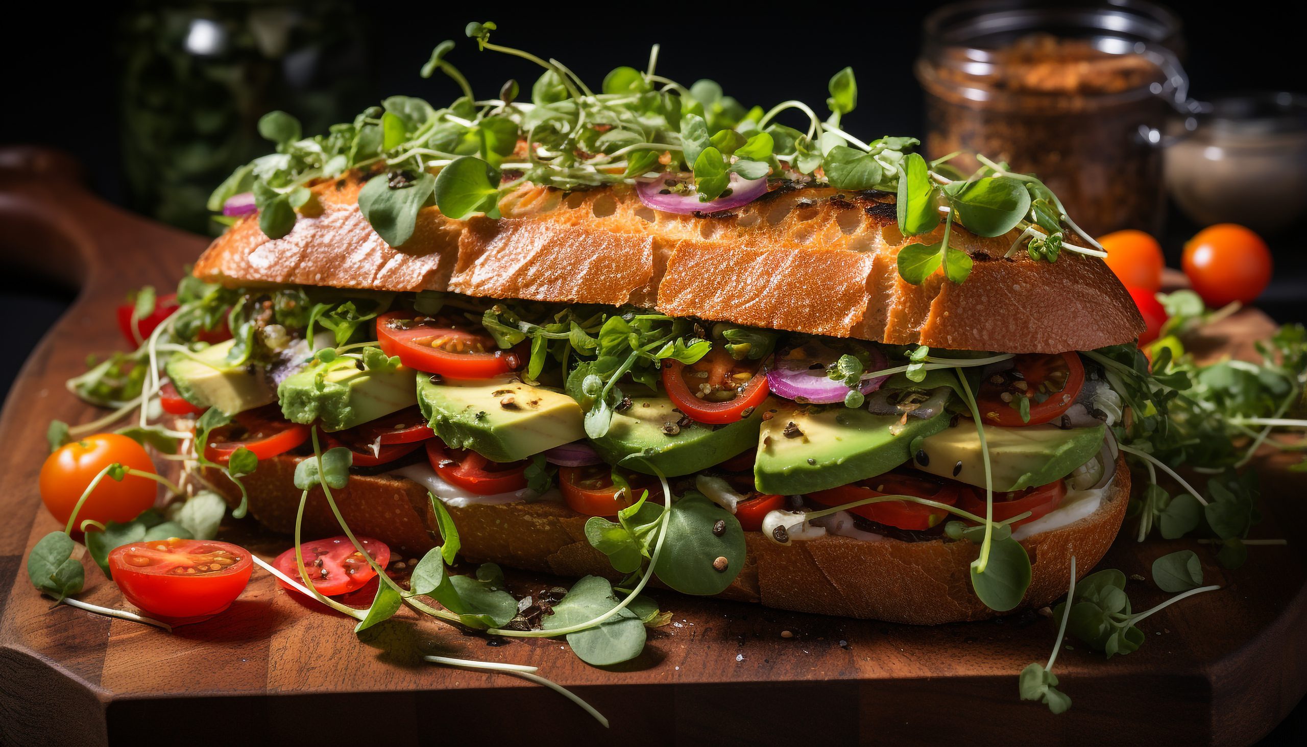 BC Restaurant Equipment Freshness on a wooden table grilled gourmet sandwich with tomato generated by AI